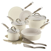 Rachael Ray front packaging showing full Almond cookware set and easy start benefit