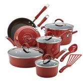 Rachael Ray Cucina front view cranberry red showing full set and stylish finish