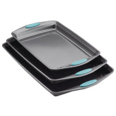 Rachael Ray front view of three cookie pans showing set benefit versatility