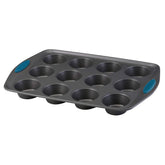 Rachael Ray front view muffin pan showing 12 cups and gray finish for even baking