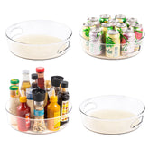 Rakkime front view of four clear 12-inch lazy susan turntables showing compact stacking benefit