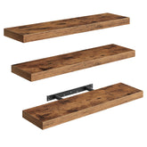 RALGEND front view of three rustic brown floating shelves showing tidy storage benefit
