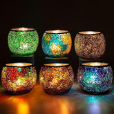 Rancco front view of six-piece votive set showing colorful mosaic design and benefit warm glow