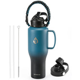 RAYMYLO front view showing 40 oz bottle and labels, durable travel benefit