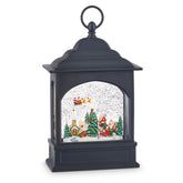 RAZ Imports flying Santa front view showing lit scene and swirling glitter for festive ambiance