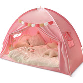 Razee front view of pink twin bed tent canopy showing full coverage and privacy