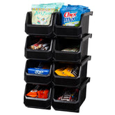 ReadySpace front view of eight black bins showing open-front access and quick retrieval