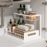 REALINN front view of under-sink organizer showing tidy storage and space saving