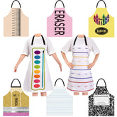 Reallnaive front view of eight aprons showing bright stationery designs, great for group photos