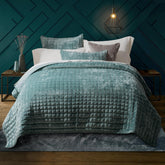 RECYCO front view of aqua green quilt showing plush sheen and cozy appeal