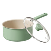 Redchef front view of green 3QT saucepan showing compact design and lid benefit