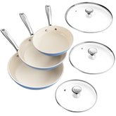 Redchef front view of three pans with lids showing complete set and convenience