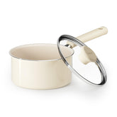 Redchef saucepan front packaging showing clean white pot and lid, clear benefit: compact storage