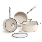 Redchef 5qt stockpot front view showing capacity and beige finish, highlighting easy cooking