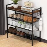 Refrze front view of 4-tier shoe rack showing neat organized shoes and compact storage benefit