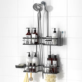 REINHARDT front view of hanging shower caddy showing full organization and easy access benefit