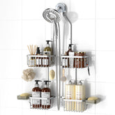 REINHARDT front view of hanging shower caddy showing organized bottles and easy access