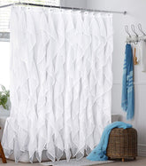 Reisen front view ruffle shower curtain adds cottage charm and texture