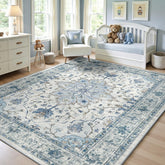 RELEANY front view of rug showing sunflower medallion and benefits for decor
