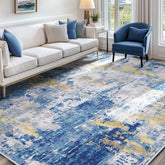 RELEANY front view of blue gold 5x7 rug shows modern abstract style and color