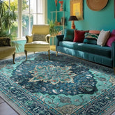 RELEANY teal rug front view showing vintage sunflower design and room benefit
