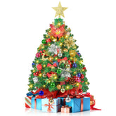 RELPOM front view of prelit tabletop tree showing full decorated look and instant decor