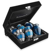 Reminded front packaging showing six blue and silver urns, neat presentation benefit