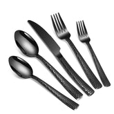 Remoxye front view of full 40-piece black hammered flatware set showing cohesive style and benefit