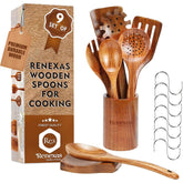 Renexas front view of teak utensil set showing complete items and neat storage benefit