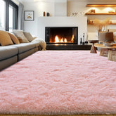 Rezutan front view of pink rug showing plush pile and room styling benefit