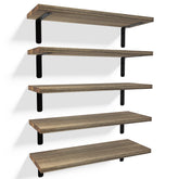 RICHER HOUSE front view of five rustic floating shelves showing set and hardware benefit display cohesion
