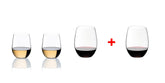 Riedel O Tumblers front view showing two red and two white stemless glasses, elegant gift presentation