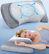 Risron front view pillow and packaging showing adjustable design and benefits