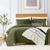 ROARINGWILD front view of olive green quilt showing full bed coverage and farmhouse style