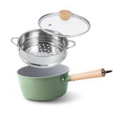 ROCKURWOK front view green saucepan showing compact design and lid for versatile cooking