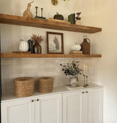 ROGMARS 36-inch walnut shelf front view highlighting clean modern appearance and sturdy storage
