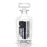 Rogue River Tactical decanter front view showing tattered Thin Blue Line flag engraving and solid build benefit