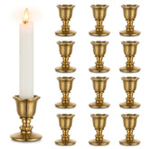 Romadedi front view showing full set of 12 vintage brass candlestick holders with decorative benefit