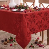 Romanstile front view of red tablecloth showing elegant floral pattern and festive appeal