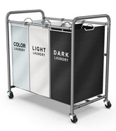 ROMOON front view of three-section sorter showing labeled bags and structure for organized laundry
