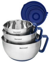 Rorence front view of blue bowl set showing durable stainless finish and lids, easy storage benefit