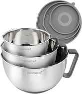Rorence front view of three gray stainless steel bowls, durable prep set