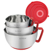 Rorence front packaging showing three red-accented stainless bowls, durable set benefit