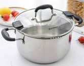 Rorence front view of stock pot showing polished stainless steel and lid, durable cooking