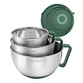 Rorence front view of three bowls showing green lids and durable stainless finish for organized storage