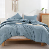 ROSGONIA front view of dusty blue comforter set showing full coverage and neat finish