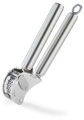 Rösle front view of garlic press showing durable build and precise mincing benefit