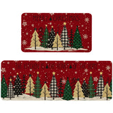 Roszwtit front view of both Christmas tree kitchen mats showing festive design and coverage.