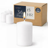 Royal Imports front packaging showing pack of 36 white votive candles for events