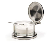 RSVP stainless steel salt server front view showing clear glass and polished base for easy monitoring